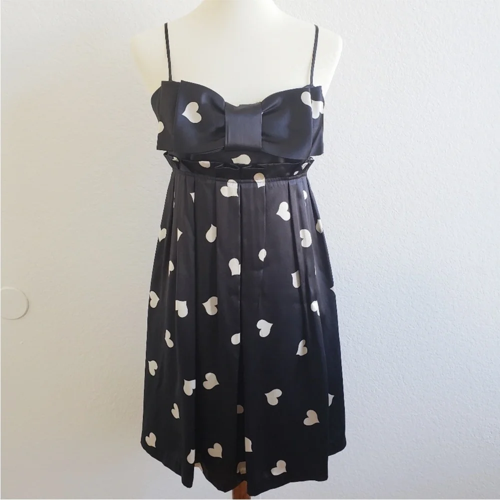 Betsey Johnson 90s Y2k Silk Black White Heart Bow Dress Size 12 RARE - Picture 2 of 5